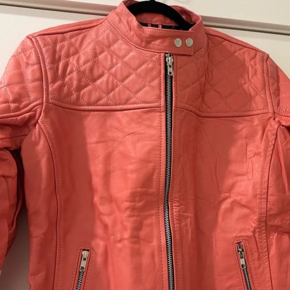 NWT [Leather Skin] Quilted 100% Genuine Leather Moto Jacket in Pink Women’s L - Picture 6 of 15